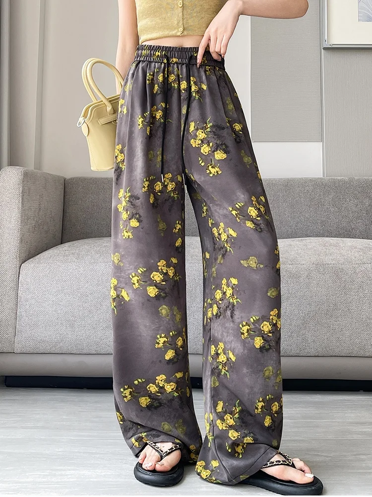 

Floral Ice Silk Wide Leg Pants For Women Summer Thin Style 2025 New High Waist Drop Straight Leg Pants Casual Floor Pants