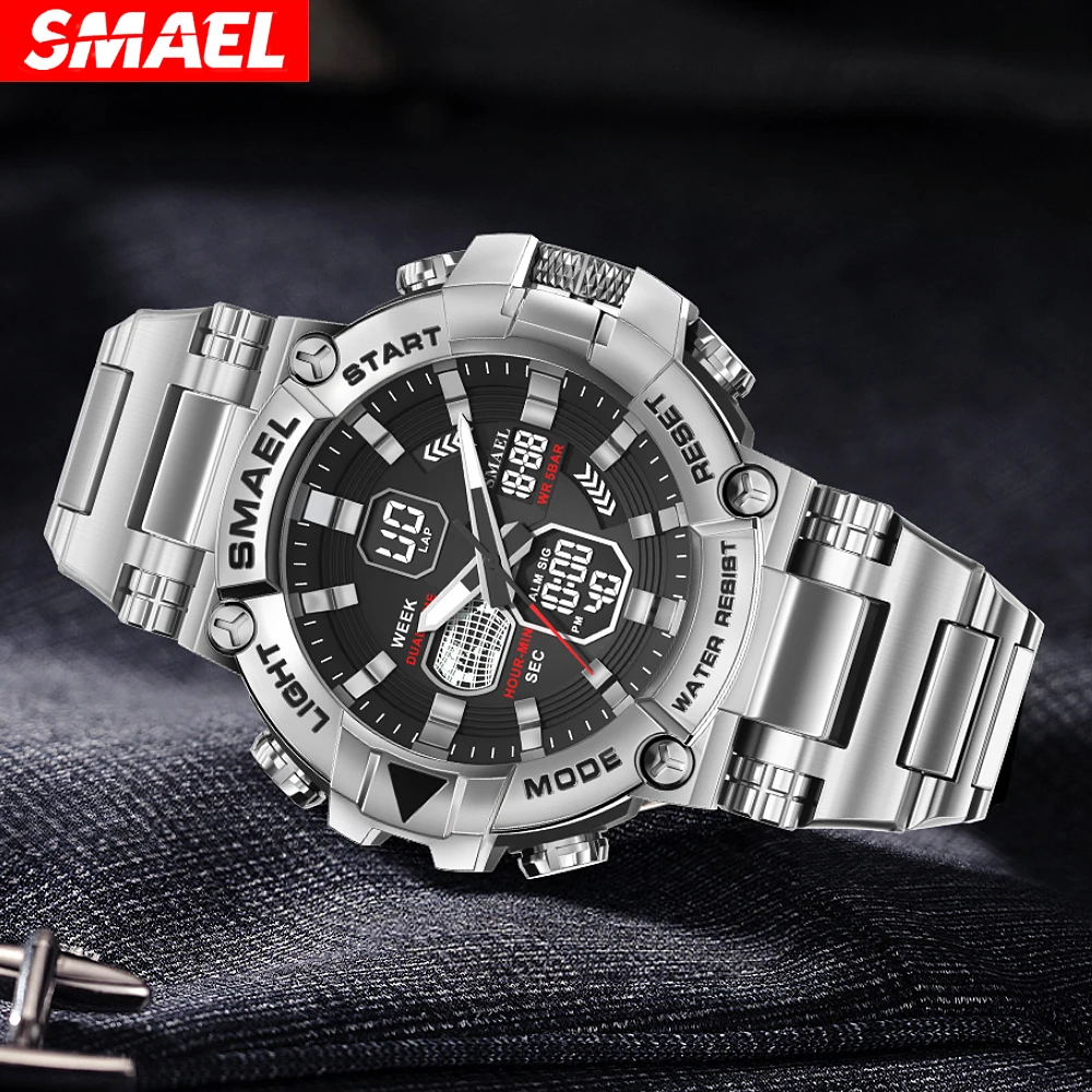 SMAEL Dual Display Sport Digital Mens Watches Top Luxury Quartz Wristwatch For Men All Steel Military Waterproof Clock Male