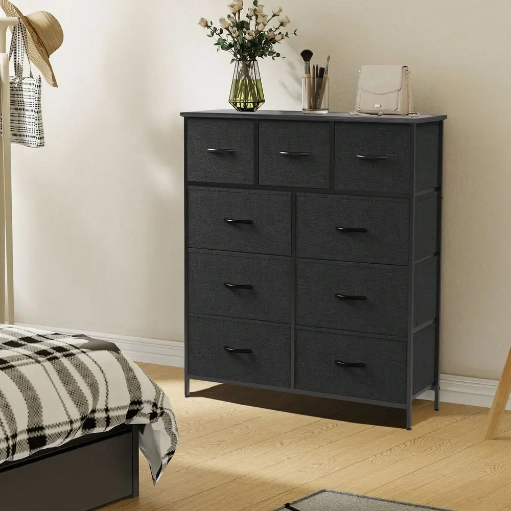 Dresser For Bedroom With 9 Drawers Chest Tower With Easy Pull Fabric Bins, TV Stand Organizer Storage For Living Room Closet Ha