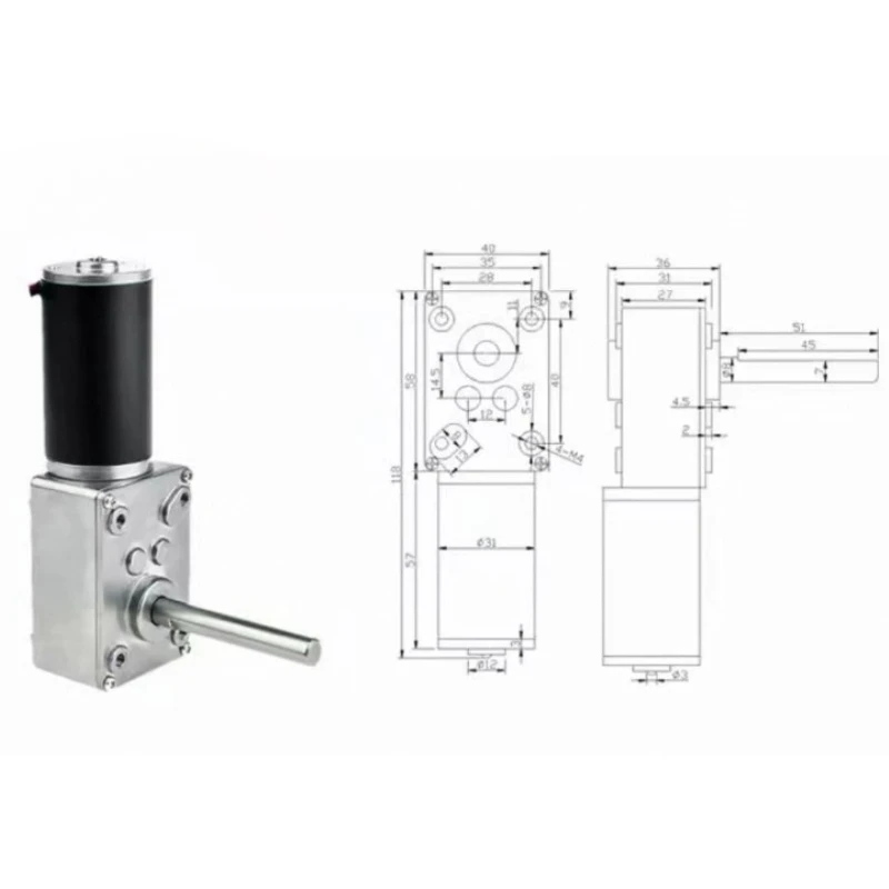5840-31ZY Copper Worm Gear D7 51MM Axis DC Reduction Motor 7-470RPM Double Ball Bearing 12V24V High Torque All-metal Gear Motor