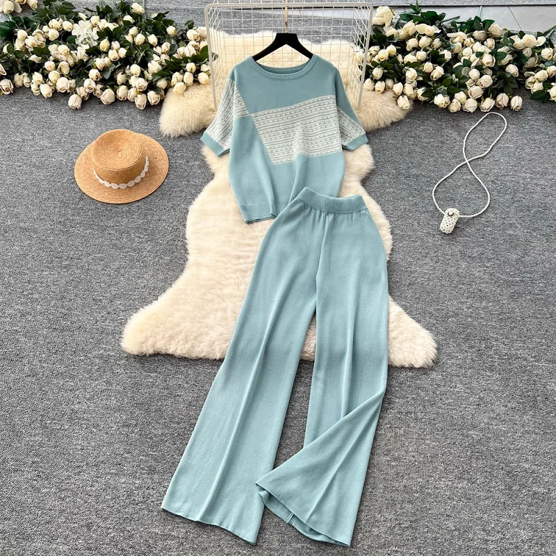 

Summer Women's Set New Casual Striped Short Sleeve T-shirt+Elastic High Waist pleated pant Knit 2-piece Set Wide Leg pants Suit