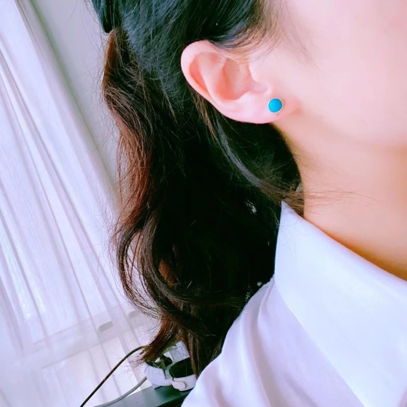 Turquoise stud earrings Classic silver inlaid simple round blue small earings for women fashion Charm party new in jewelry