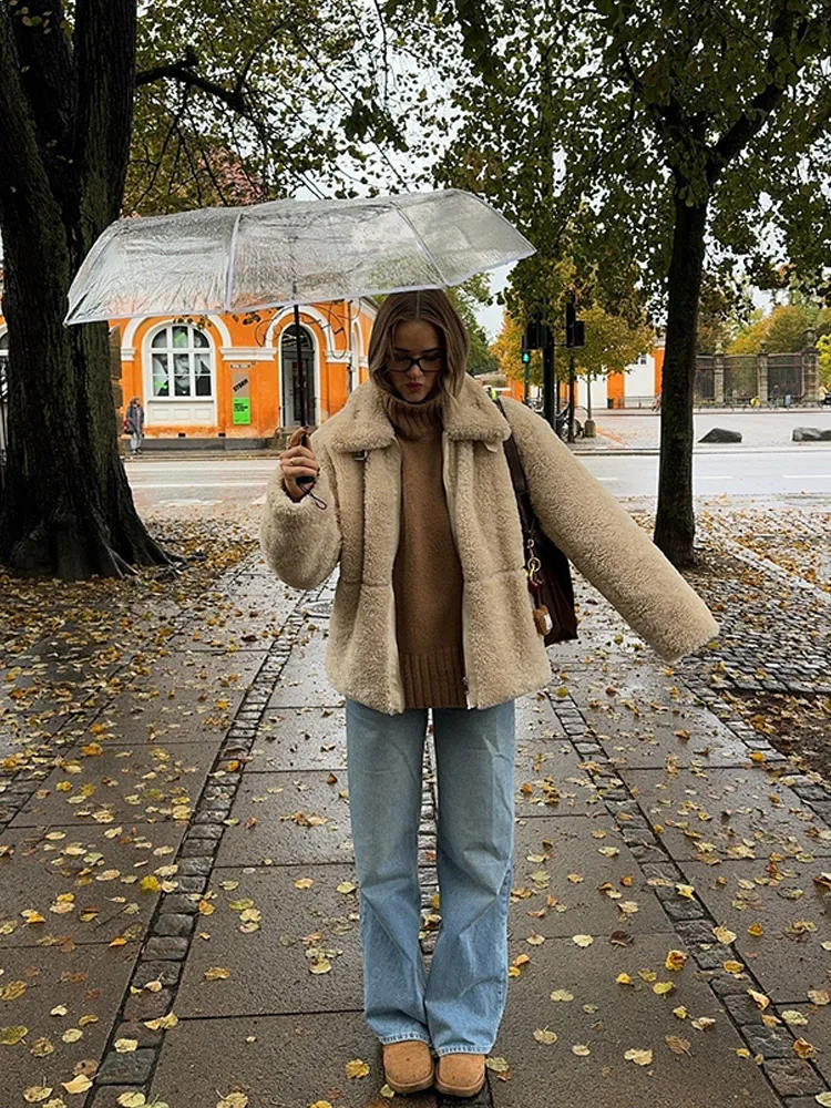 Khaki Flip Collar Zipper Warm Lamb Woolen Coat Elegant Solid Full Sleeve Short Jacket 2024 Autumn Woman New Commuter Wear