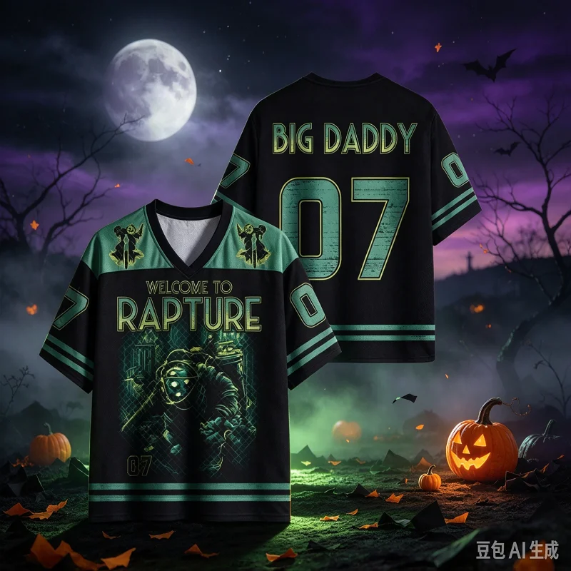 Summer New V-neck T-shirt Fashion Trend Halloween Style Unisex Black Green 3D Printed Zombie Pattern