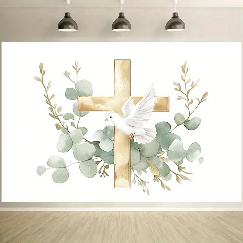 Christian Cross Tapestry Wall Hanging Dove Floral Design Eucalyptus Greenery Art Boho Religious Room Decor Home Wall Art