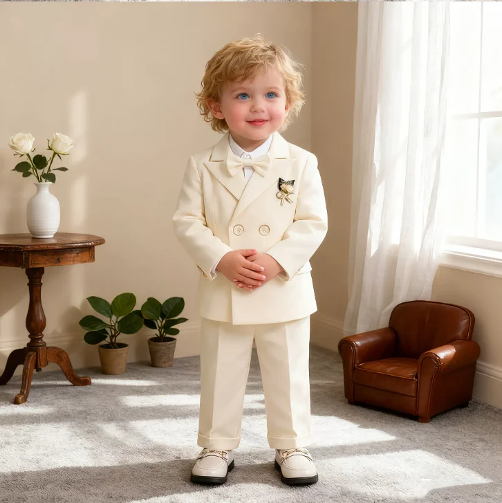 

Children Champagne 5Pieces/Set Jacket Vest Pants Bowtie Flower Wedding Dress Boys Birthday Gift Suit Baby Kids Ceremony Costume