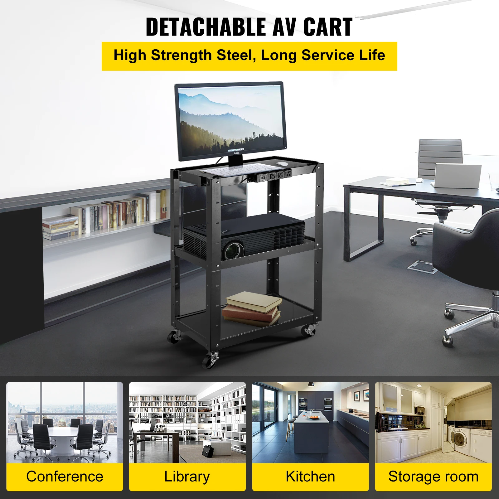 VEVOR Cold Rolled Steel AV Cart Media Cart with Cord Management 24-42 Inch Height Adjustable Shelves with Power Strip Attached