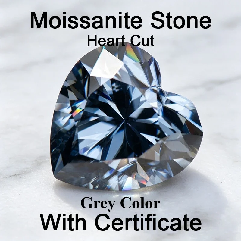 Moissanite Stone Grey Color Heart Cut Lab Grown Gemstone for DIY Charms Ring Necklace Earrings Making Materials with Certificate