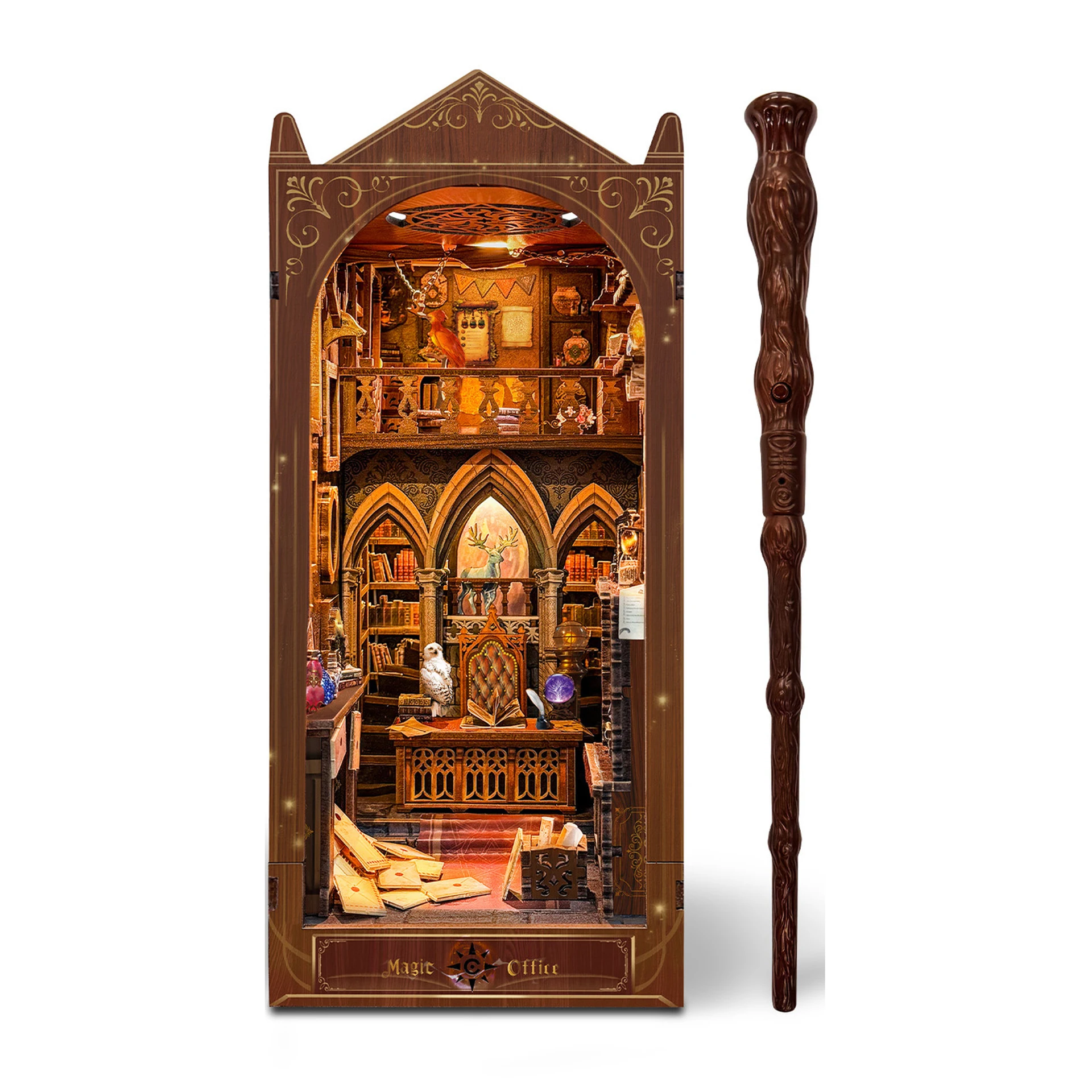 

DIY Book Nook Wooden Miniature Model Kits Magic Office Bookend 3D Puzzle with LED Light Bookshelf for Friends Birthday Gifts