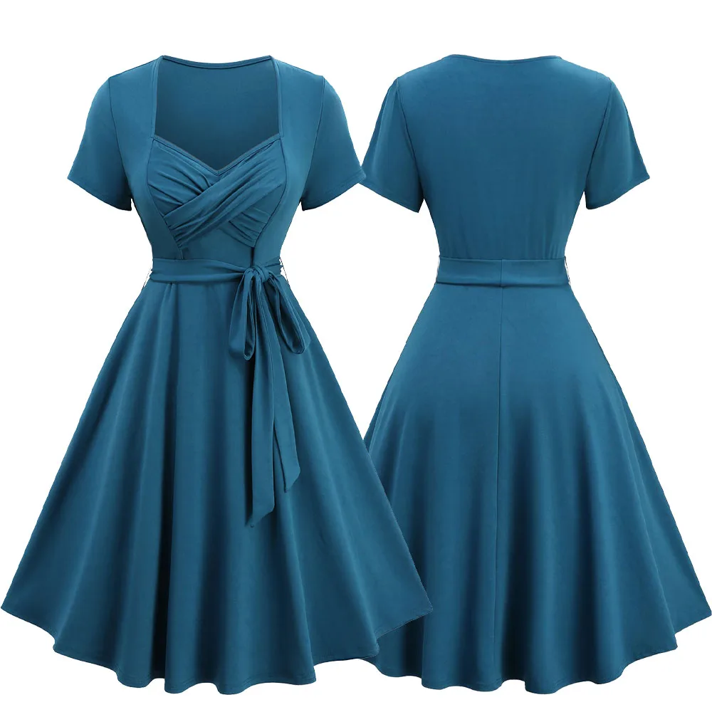 

ROSEGAL Plus Size Women's Crossover Bust Solid Dress with Removable Belt Peacock Blue Romantic Vintage Casual Dresses Vestidos
