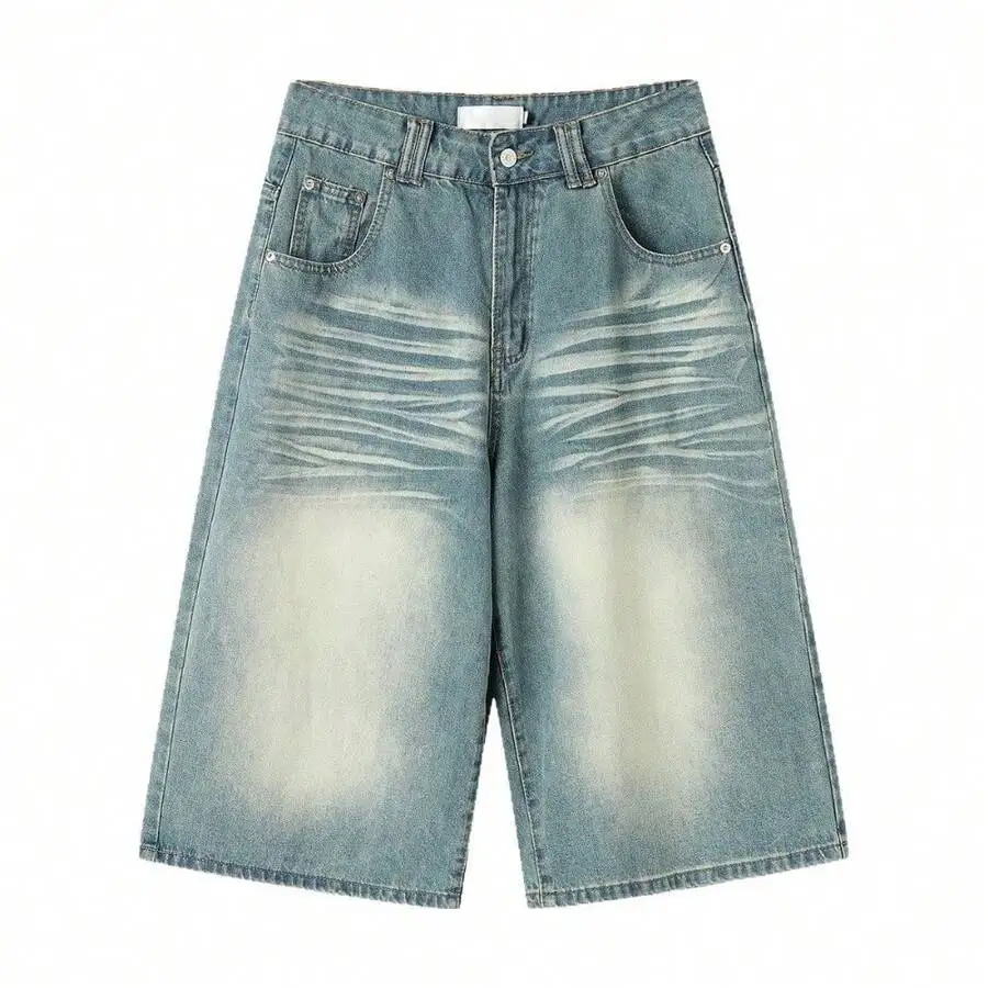 

Washed Vintage Blue Denim Cropped Shorts Unisex Loose Fit Straight Cut 7 Inch Biker Style