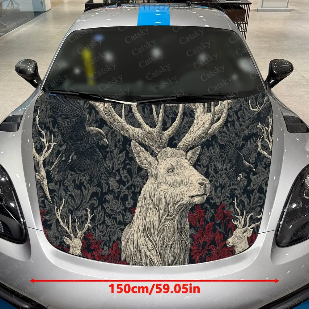 Vintage Deer Family Car Cover Decal, Auto Hood Sticker, Waterproof and Self-adhesive Auto Vinyl Wraps, Cool Car Exterior Decorat