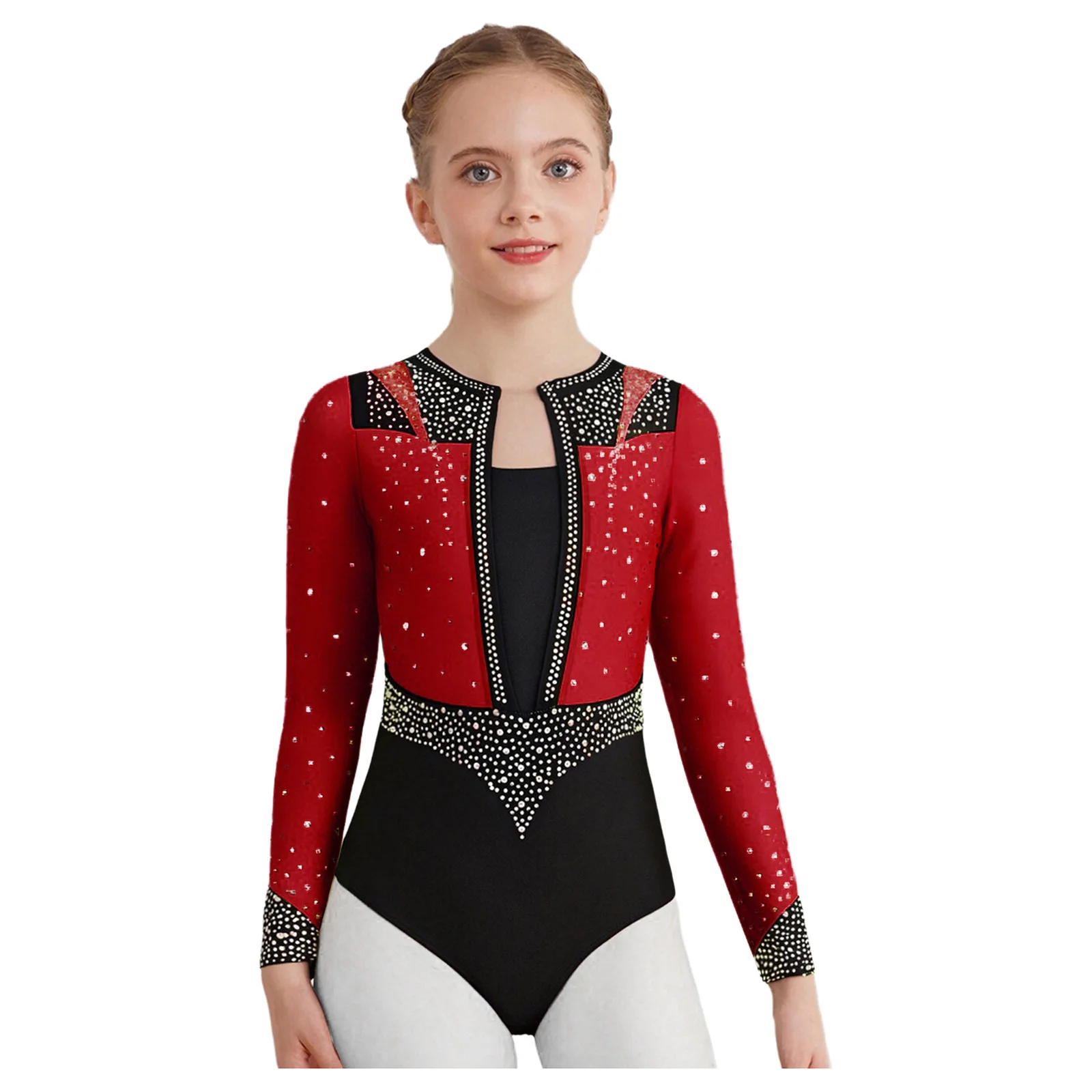 

Kids Girls 3-Pieces Gymnastics Figure Skating Dance Bodysuit Keyhole Back Shiny Rhinestones Long Sleeve Leotard+Shorts+Hair Band