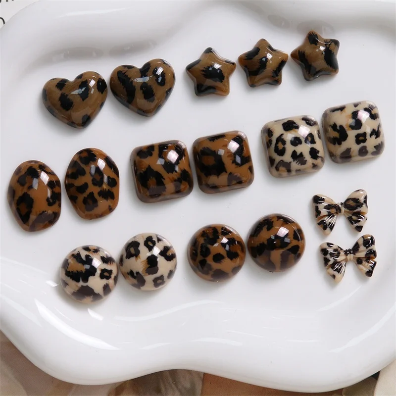 2024Newest 50pcs/lot color leopard print geometry rounds square hearts shape resin cabochon beads diy jewelry accessory