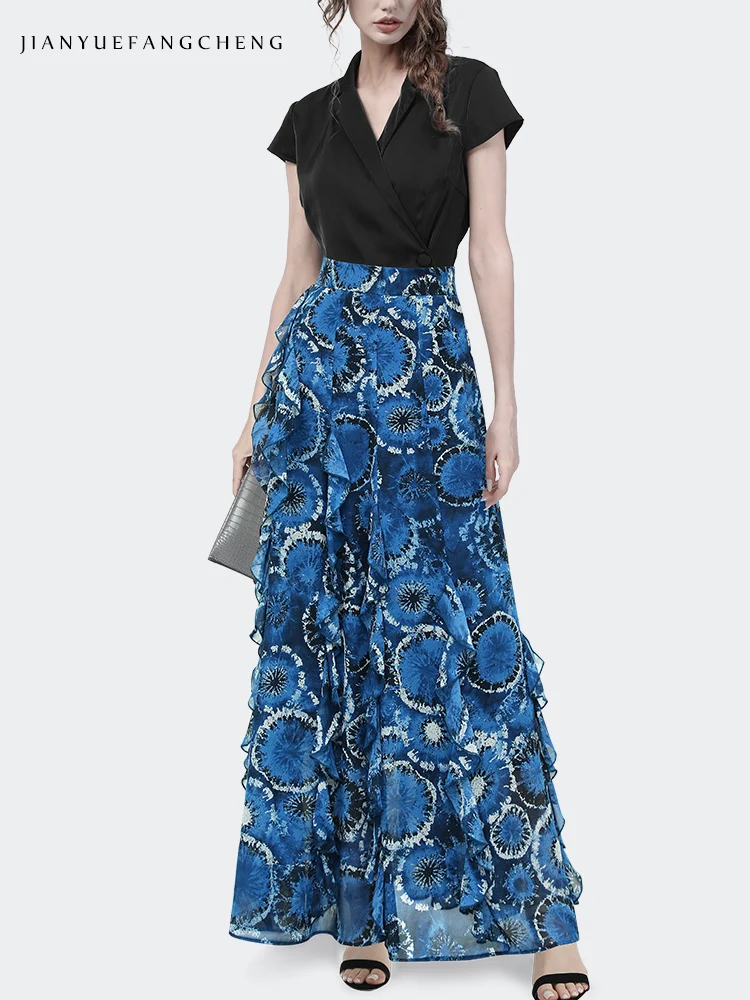 Long Skirt Womens Summer Blue Chiffon Floral Printed Skirts Floor-length High Waist A-line Flowing Ruffles Pleated Maxi Skirts