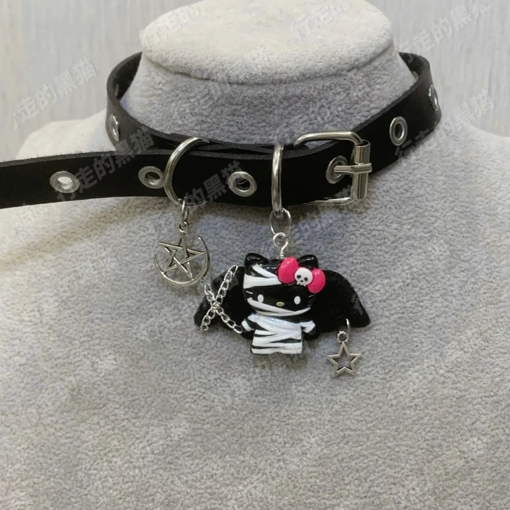  Hello Kitty Necklace Cute Anime Cartoon Goth Girl Y2K Punk Rock Necklace Accessories Leather Hip-hop Metal Accessories