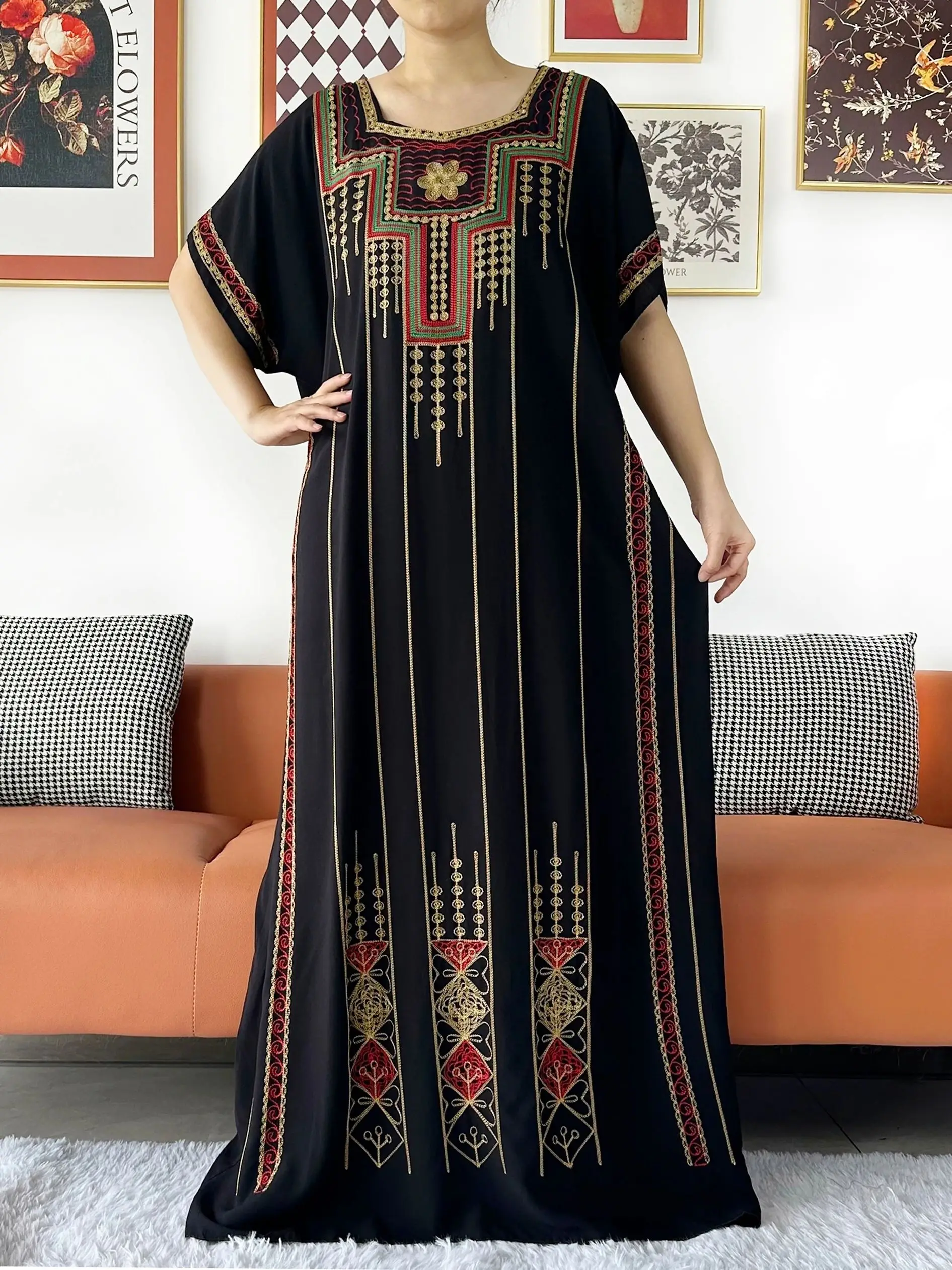 2024 New Dashiki Women Short Sleeve Floral Dress Lace Embroidered Floral Boubou Maxi Islam Women Dress African Abaya Clothes