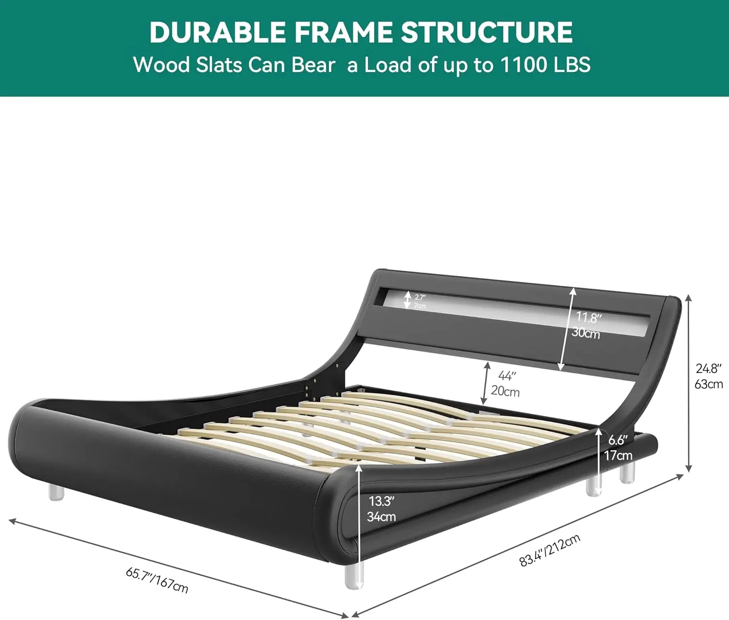 Queen Bedframe, Gestoffeerd Led Bedframe Met Verlichting En Opbergstation, Plateaubedframe Met Premium Pu-Leer