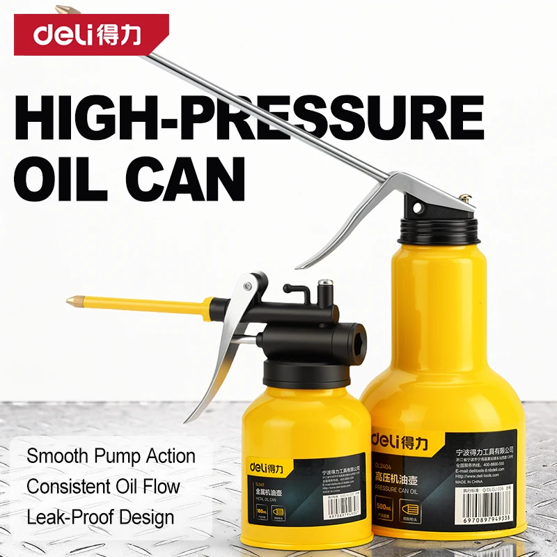 Deli High Pressure Oil Can Manual Lubricant Dispenser Metal Plastic Long Nozzle 180-500ml for Machinery Bicycle Gear Lubrication