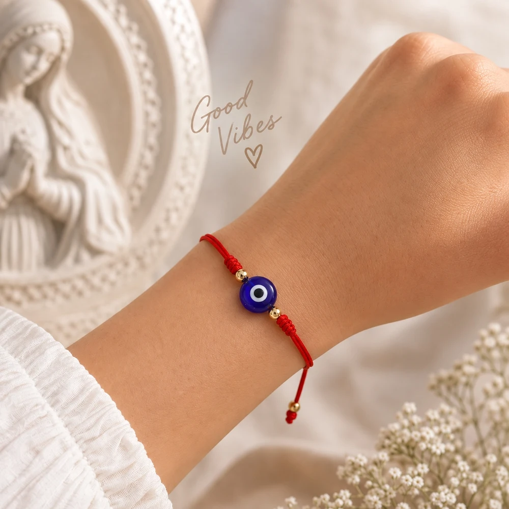 1pc Adjustable Red Cord Bracelet with Round Blue Glass Eye Bead Gold Color Copper Beads Trendy Unisex Strand Jewelry