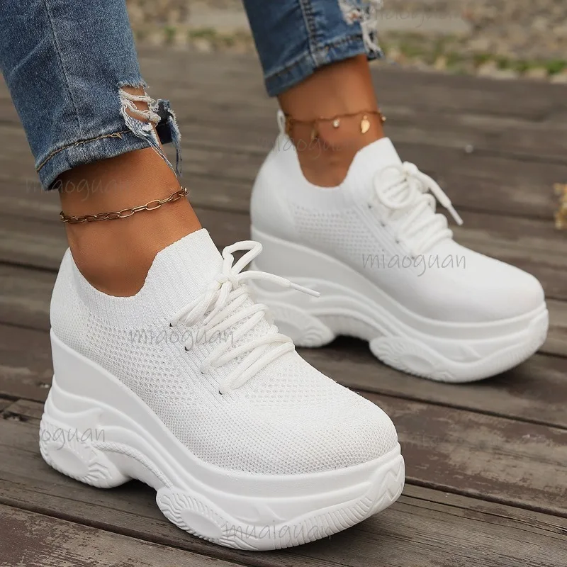 Schwarz Gestrickte Keile Ferse Turnschuhe Frauen Frühling Herbst Atmungsaktive Chunky Plattform Turnschuhe Frau Slip auf Mesh Sport Schuhe 35-42 – Detail 6
