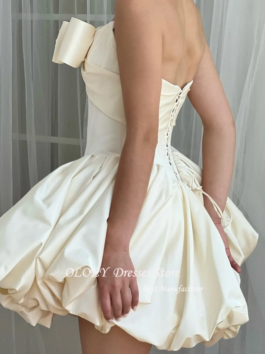 

OLOEY Customized Strapless Corset Big Bow Balloon Skirt Satin Short Party Dress Lace Up Back Decorative Bows Elegant Glamorou