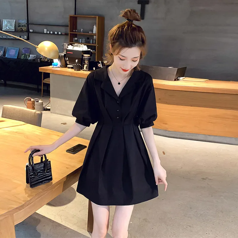 

2025 Summer Solid Puff sleeve Buttons Elegant Dress Women Turn-Down Collar High Waist Vintage Clothes Midi Dresses