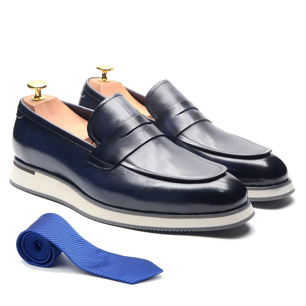 Classic Designer Men's Penny Loafer Sneakers Blue Black Genuine Leather Slip-on Business Wedding Flat Casual Dress Shoes for Men