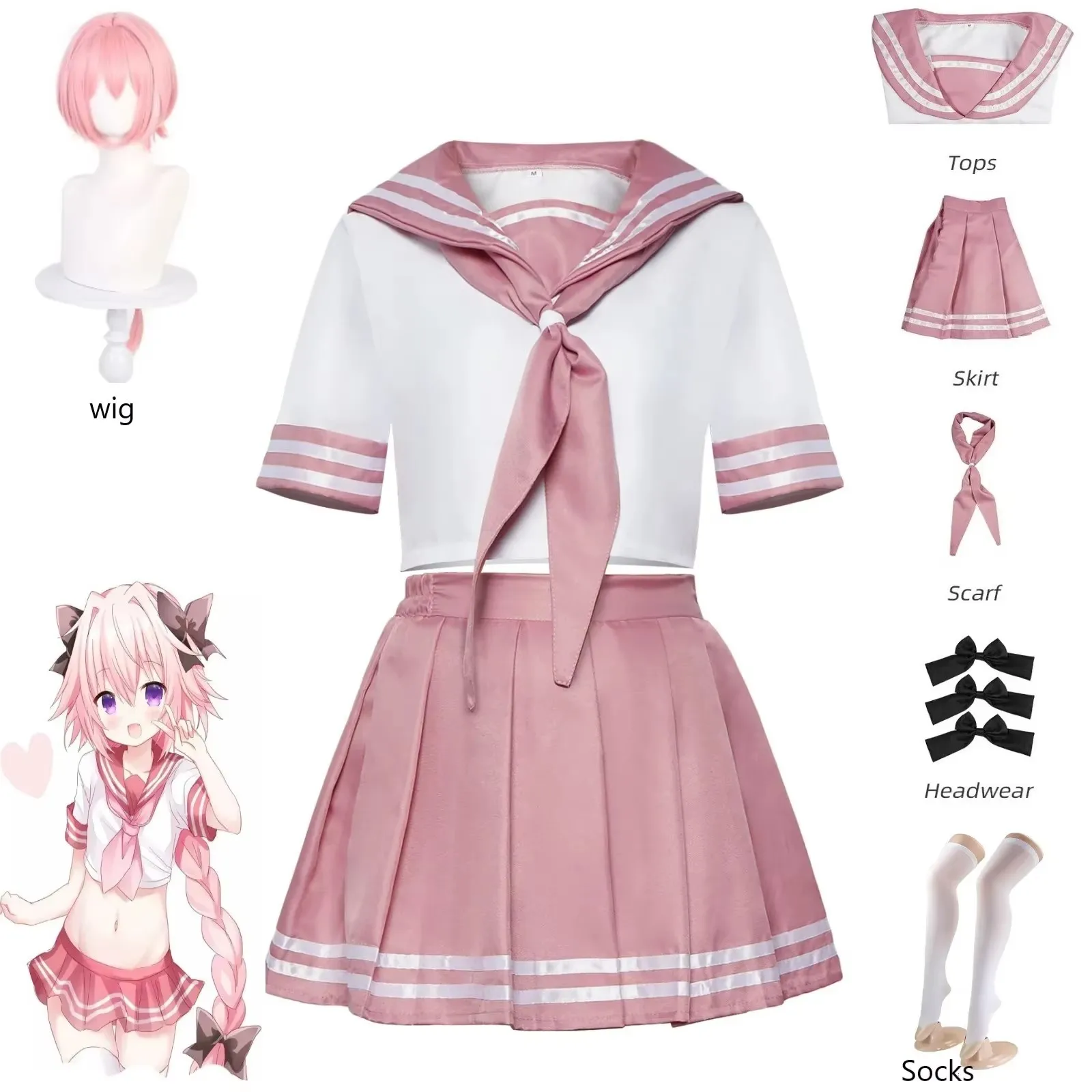 

Game Fate/Apocrypha Astolfo Cosplay Costume Twelve Warriors Wig Pink Skirt JK Uniform Woman Sexy Kawaii Sailor Suit