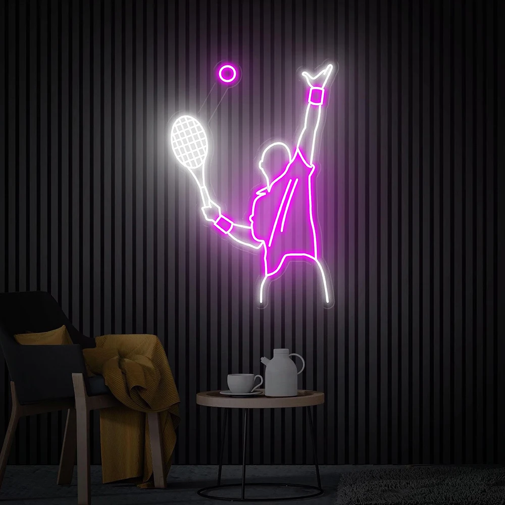 Signe de joueur de tennis au néon à intensité variable, lumière LED, art mural, décor de salle de sport, acrylique, joueur, maison, cadeaux personnalisés