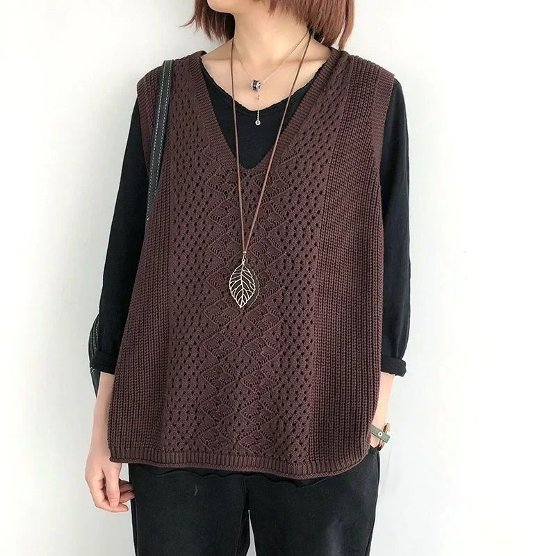 Fashion Spring Autumn Hollow Out Thin Knitted Sleeveless Sweater Vest Korean Women Loose V-Neck Casual Pullover Jersey