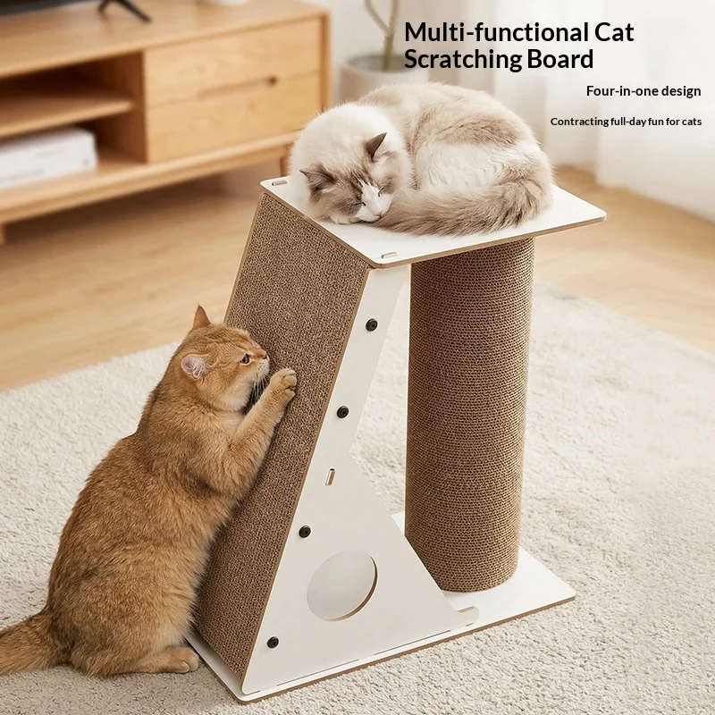 Rascador vertical para gatos con cama y torre corrugada antiaburrimiento - imagen 4