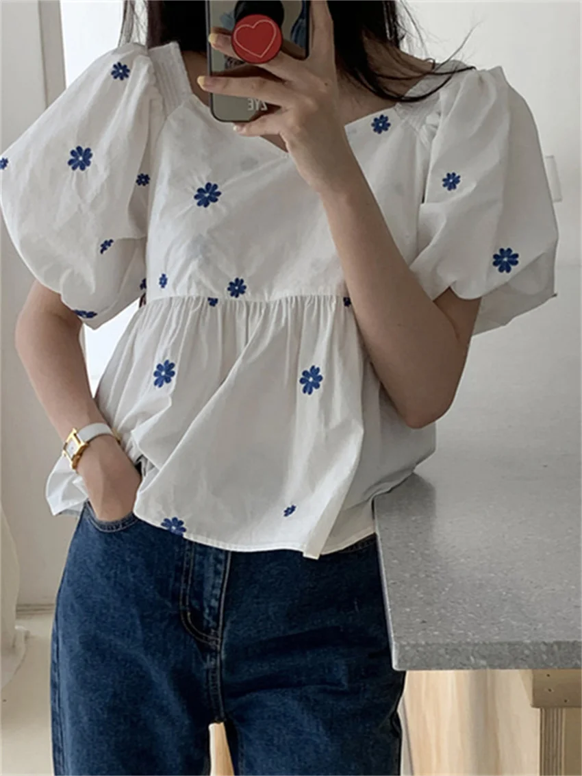 Alien Kitty Summer V-Neck Loose Puff Sleeves Flowers Girls 2022 Slim New Sweet Femme Florals Prom High Waist Chic Blouses Shirts