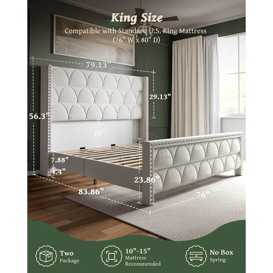 Elegant Velvet Upholstered King Size Bed Frame