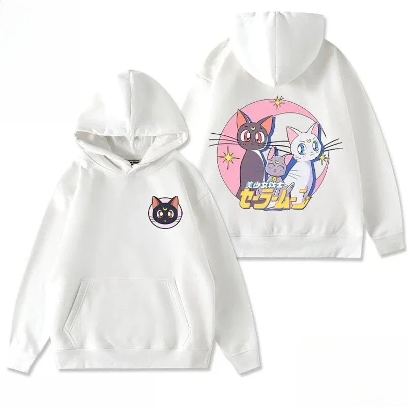 Modny sweter z kapturem Sailor Moon, nowe trendy, Luna Artimis, uroczy kot, wzór z kreskówki, luźny krój, męski i damski.