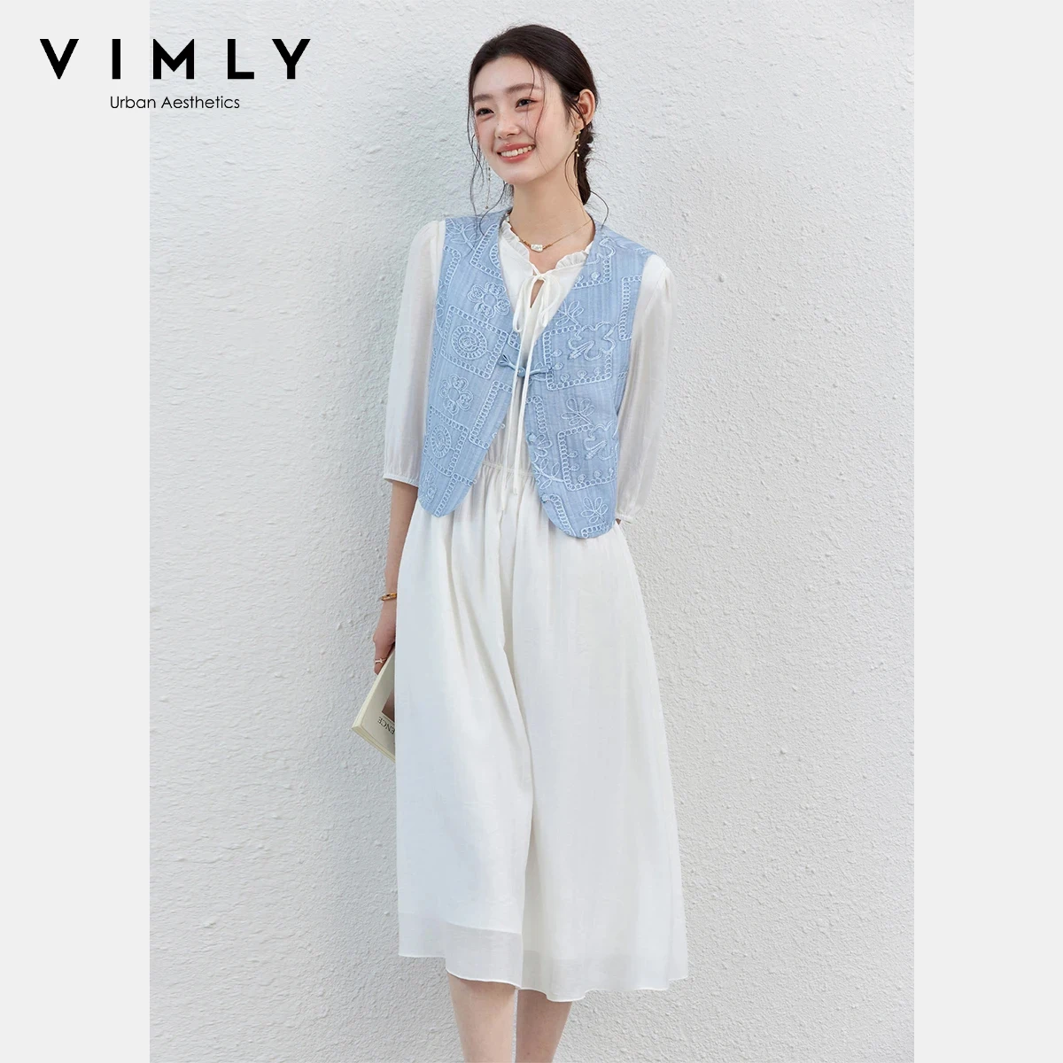 

VIMLY Women's Casual Color Block Dress Two-Piece 2026 Spring New Embroidery Sleeveless Vest 3/4 Puff Sleeve Dress Sets A5365