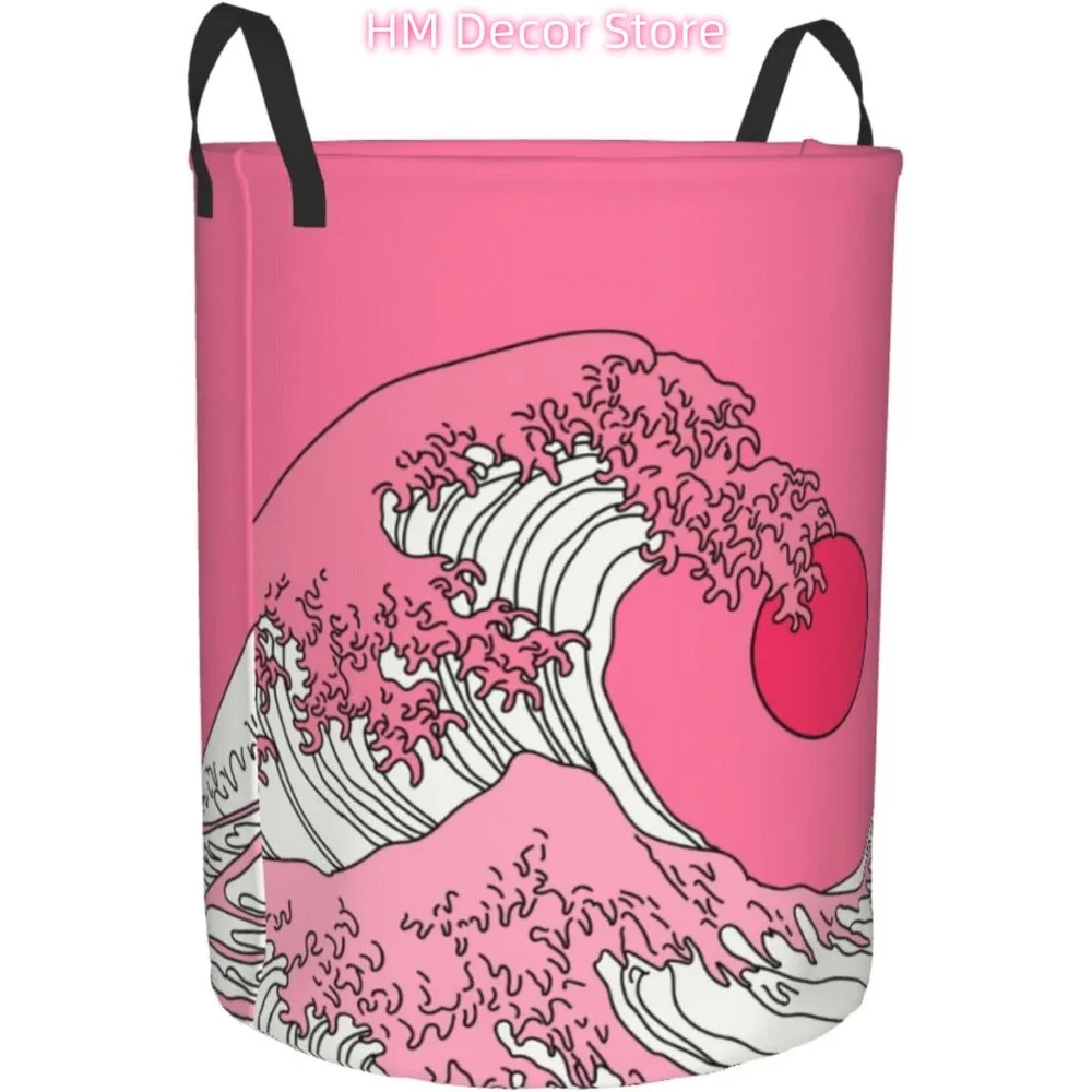 Laundry Basket Pink Wave and Sun Oxford Cloth Collapsible Laundry Hamper Storage Basket with Handle for Kitchen Bedroom Living r - view 2