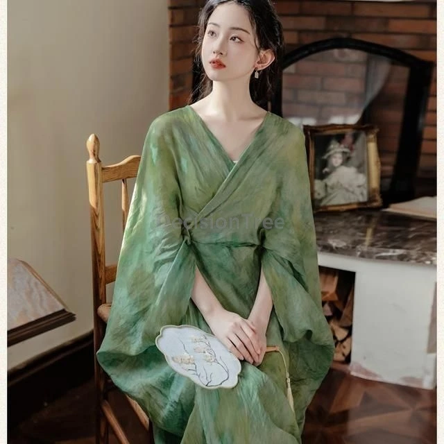 Elegant Chinese style Hanfu Dress Tie-dye Effect Green Printed Loose Robe With undear dress Fairy Women Summer Daily Dress Set view 4