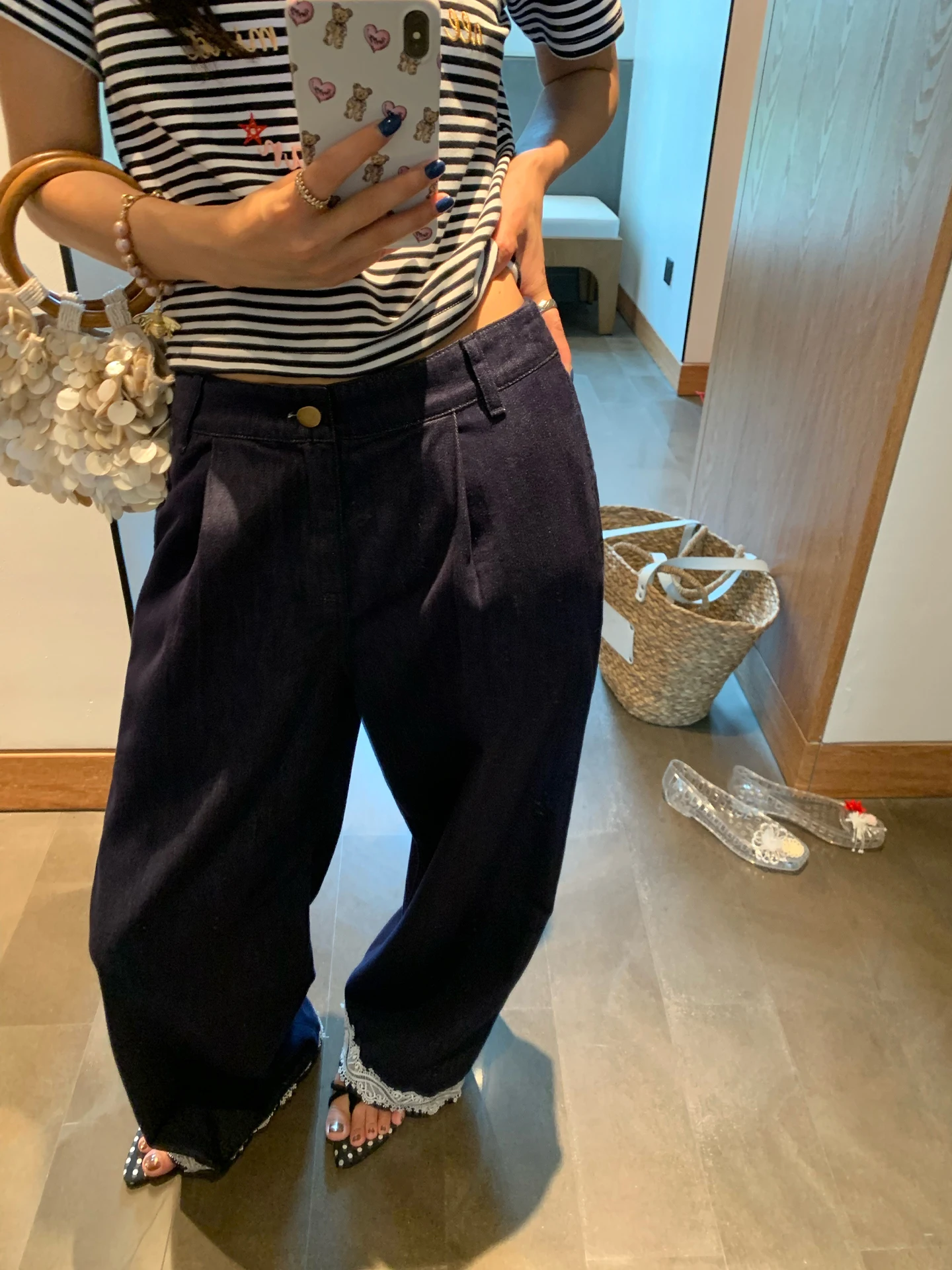 

High Waist Wide Leg Jeans Lace Splicing Pants Autumn New Sle Casual Zipper Closure Loose Fit Deep Color Women's Premium Jeans