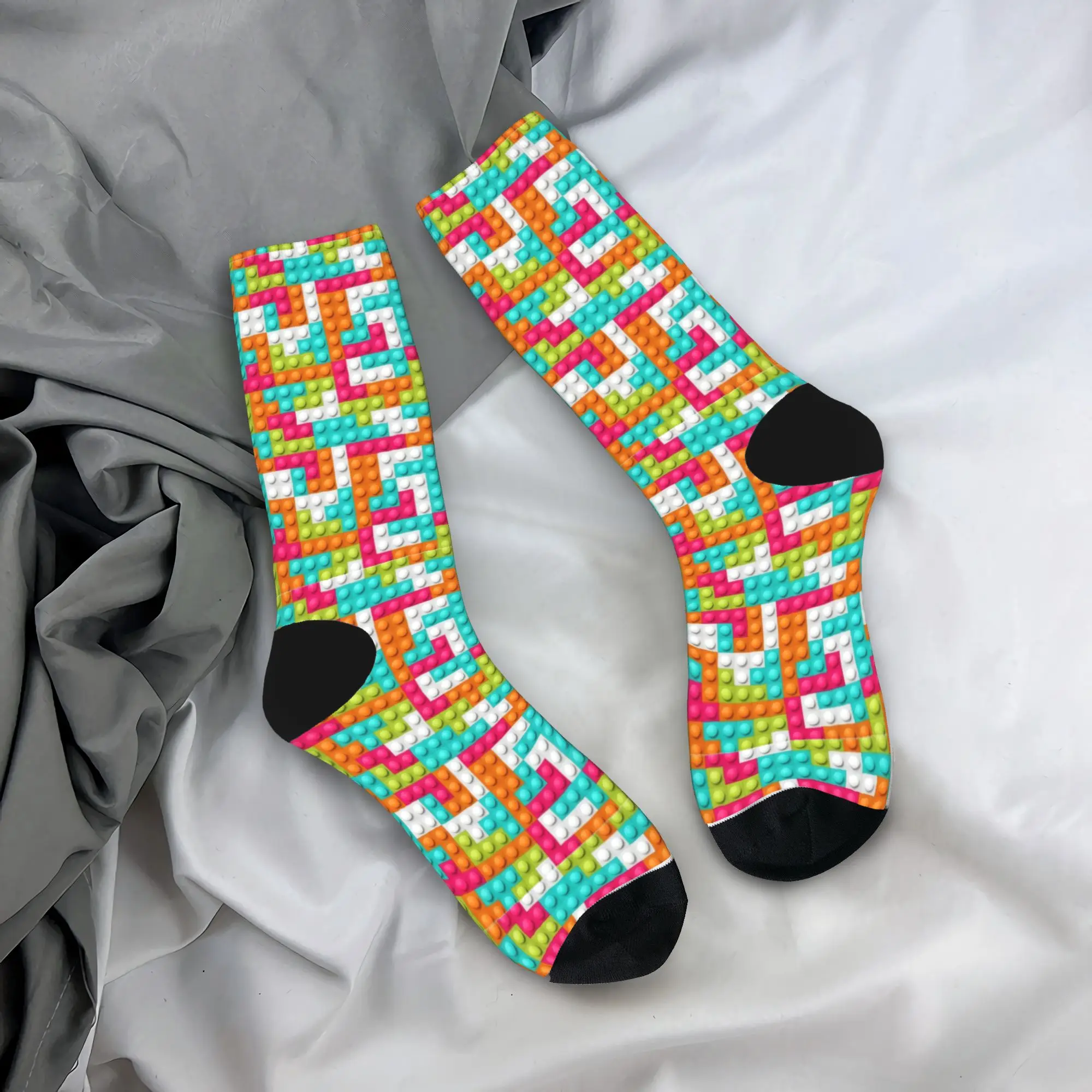 Coral Teal Pink Building Blocks Socks  Fashion Stockings Unisex Men Soft Outdoor Sports Socks Spring Design Non Skid Socks