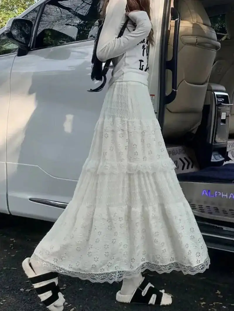 レーススカート女性フレンチスタイル足首までの長さの高弾性ウエスト中空アウトパッチワーク新しいルーズスリム韓国スタイル A ライン甘い OP8