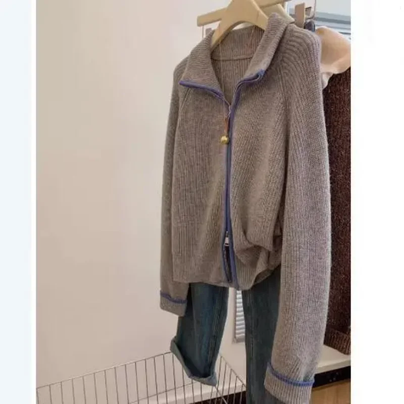 

Серый воротник на молнии, свитер, пальто, женский осенне-зимний утолщенный ленивый стиль, воротник-стойка, модный вязаный кардиган, топ