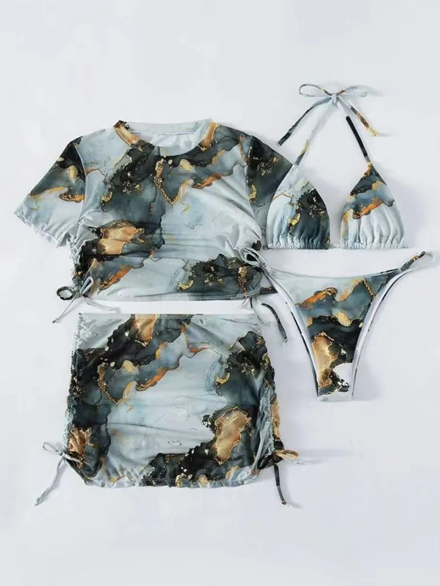 Paquete de 4 trajes de baño de Bikini con cuello Halter y estampado de mármol, traje de baño triangular 2025, traje de baño elegante para cubrir, ropa de playa, Bikini
