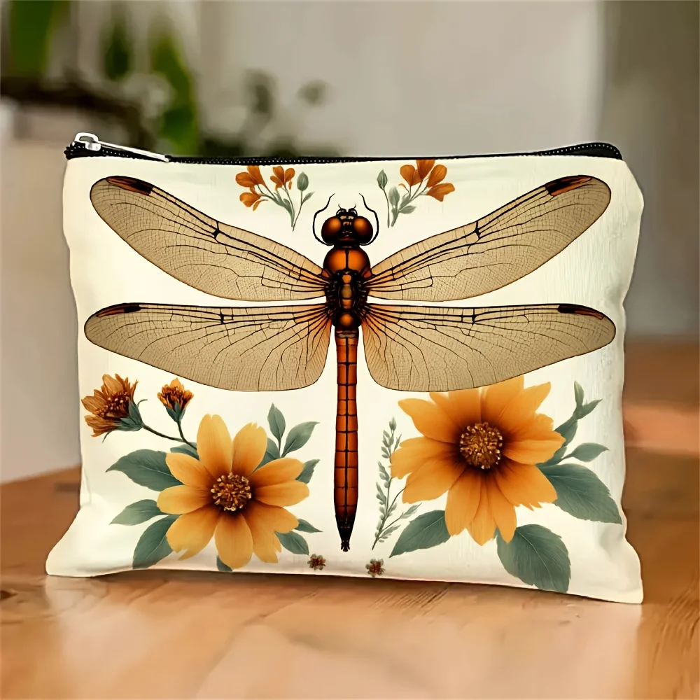 

A Vintage Dragonfly And Floral Print Makeup Bag- Multifunctional Zipper Pouch, Jewelry Storage Bag, Perfect Travel Zipper Small