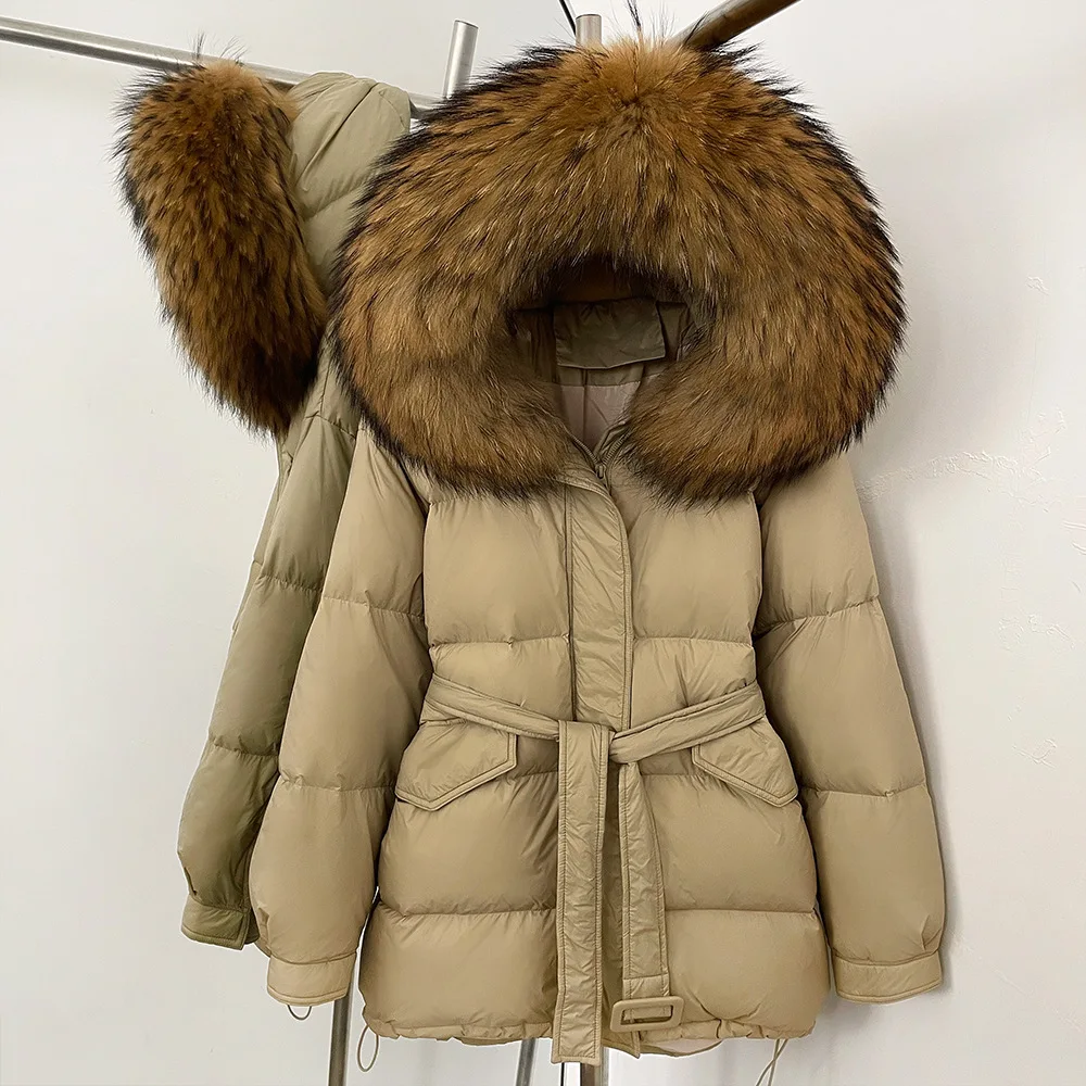 

Hooded Real Fox Fur Female Autumn Winter Women White Duck Down Coat Warm Natural Fur Fluffy Puffer Thick Mid Long Jacket