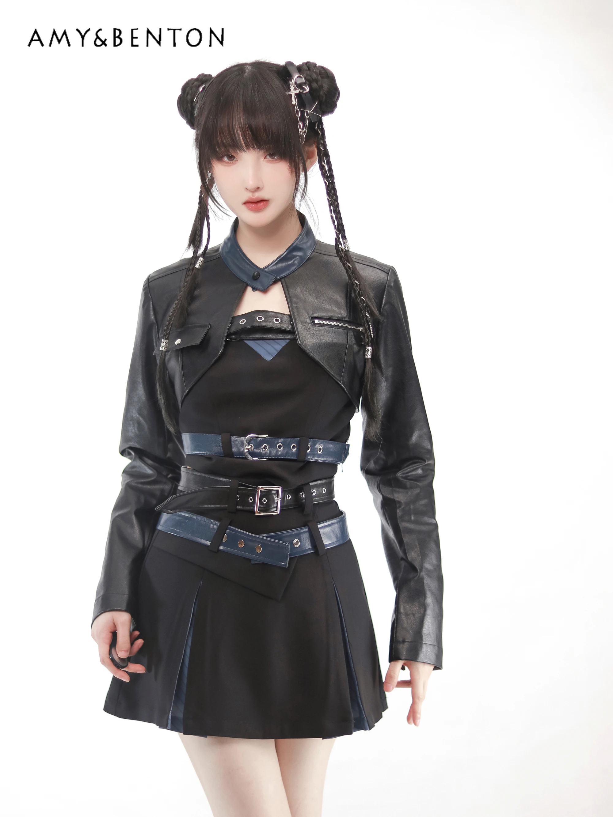 Subculture Y2K Hot Girl Leather Short Coat Mini Skirt Two-Piece Set Womens Outfits Spring and Summer New Goth Street Skirt Sets