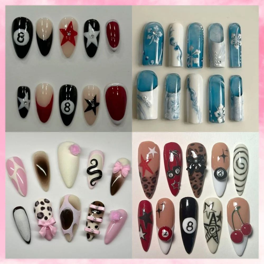 10PCS Handmade Manicure Armor Press On Nails French Fake Nails Short Medium Almond False Nail 3D Art with Adhesive Nail File Set