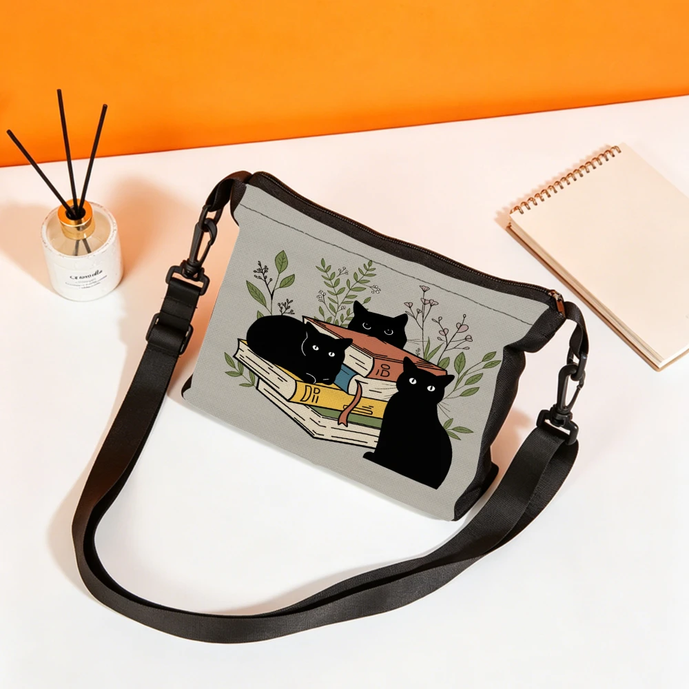 1pc Cat And Books Print Crossbody Bag Gray Shoulder Bags For Women Office Work School Travel Daily Use Fashion Handbag Pouch