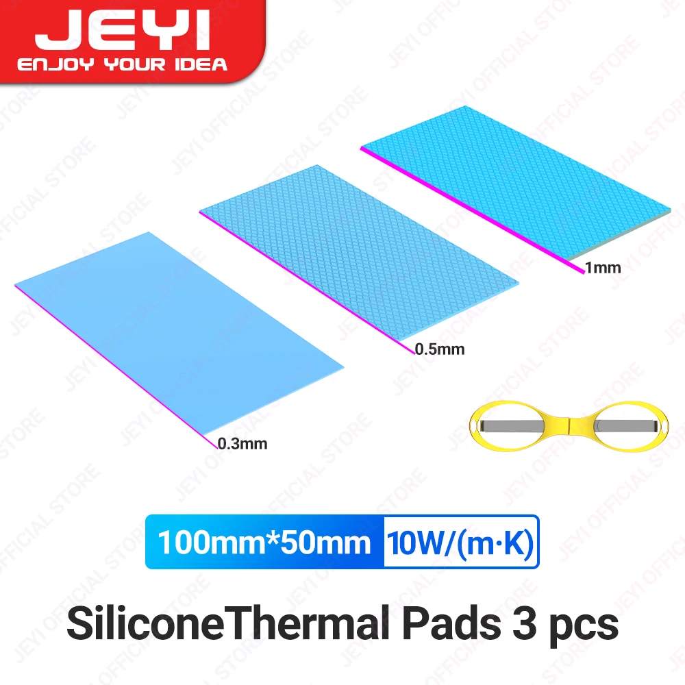 Jeyi 3 Pack Siliconen Thermische Pad, 100X100Mm 0.3/0.5/1Mm Zeer Efficiënte Thermische Geleidbaarheid 6/10 W/Mk Voor Cpu Gpu Ssd Koeler