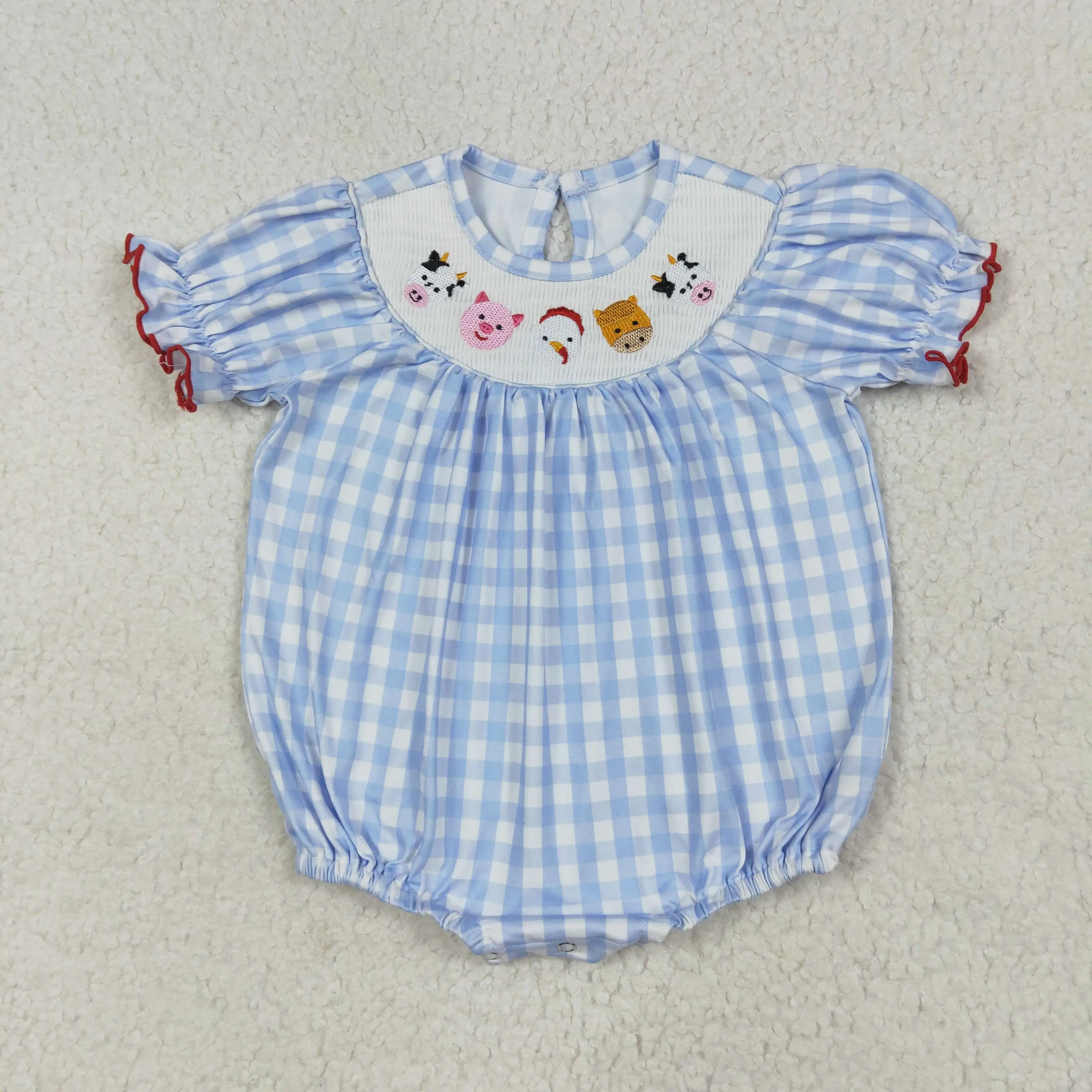 

Western Clothes Blue Plaid Farm Animals Smock Romper High Quality Baby Girl Wholesale Halloween Jumpsuit